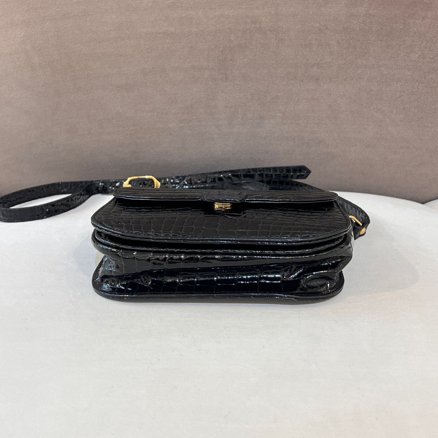 Yves Saint Laurent Vintage Crocodile-Embossed Black Shoulder Bag