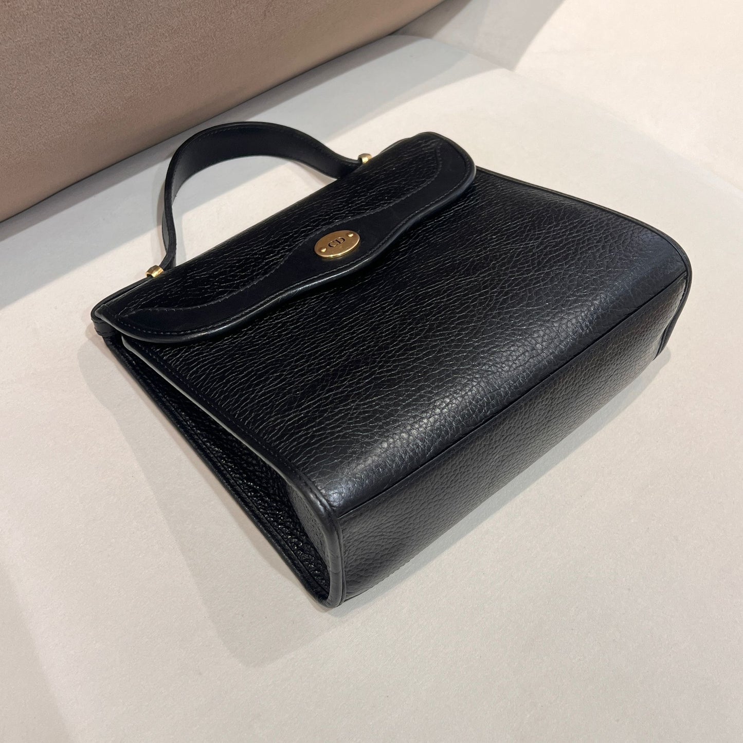 Christian Dior Vintage Black Grained Leather Top Handle Handbag With Oval Logo Clasp