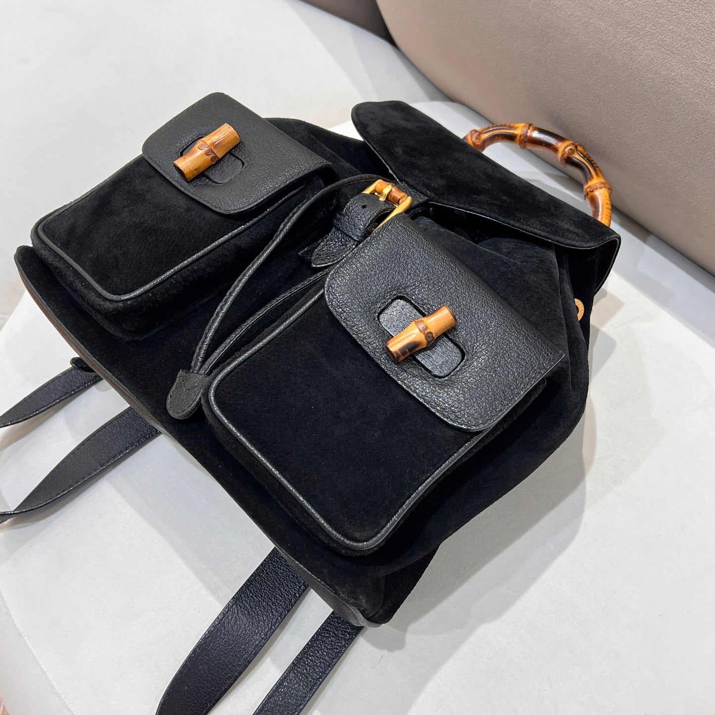 Gucci Vintage Black Suede Bamboo Backpack