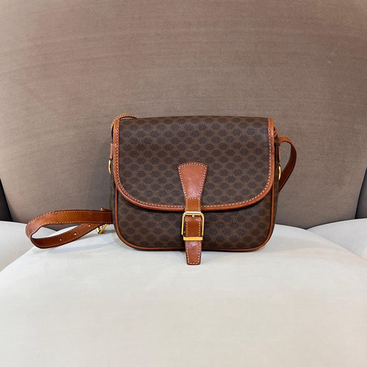 Celine Vintage Macadam Canvas Brown Leather Shoulder Bag