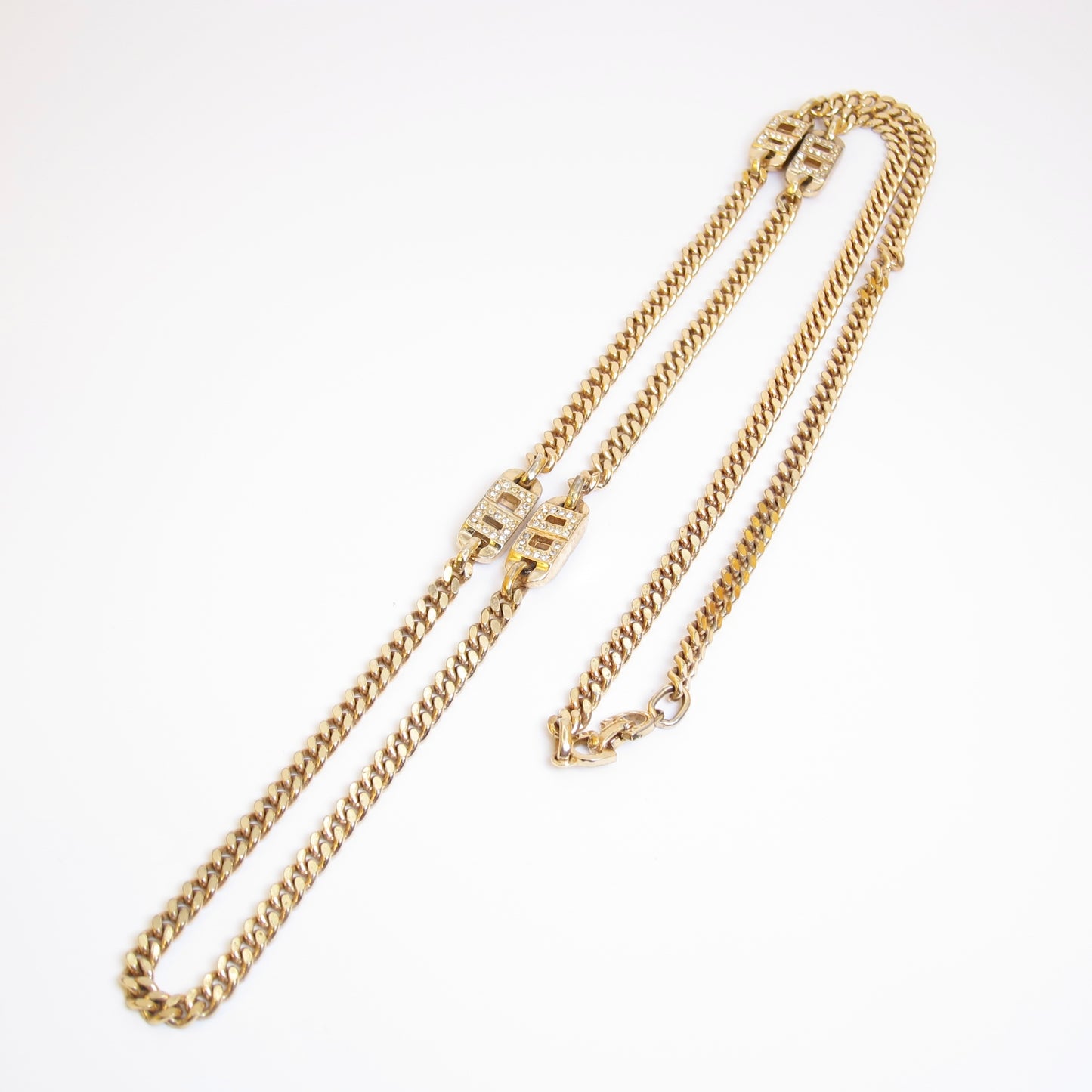 Christian Dior Vintage CD Logo with Rhinestone Golden Long Necklace