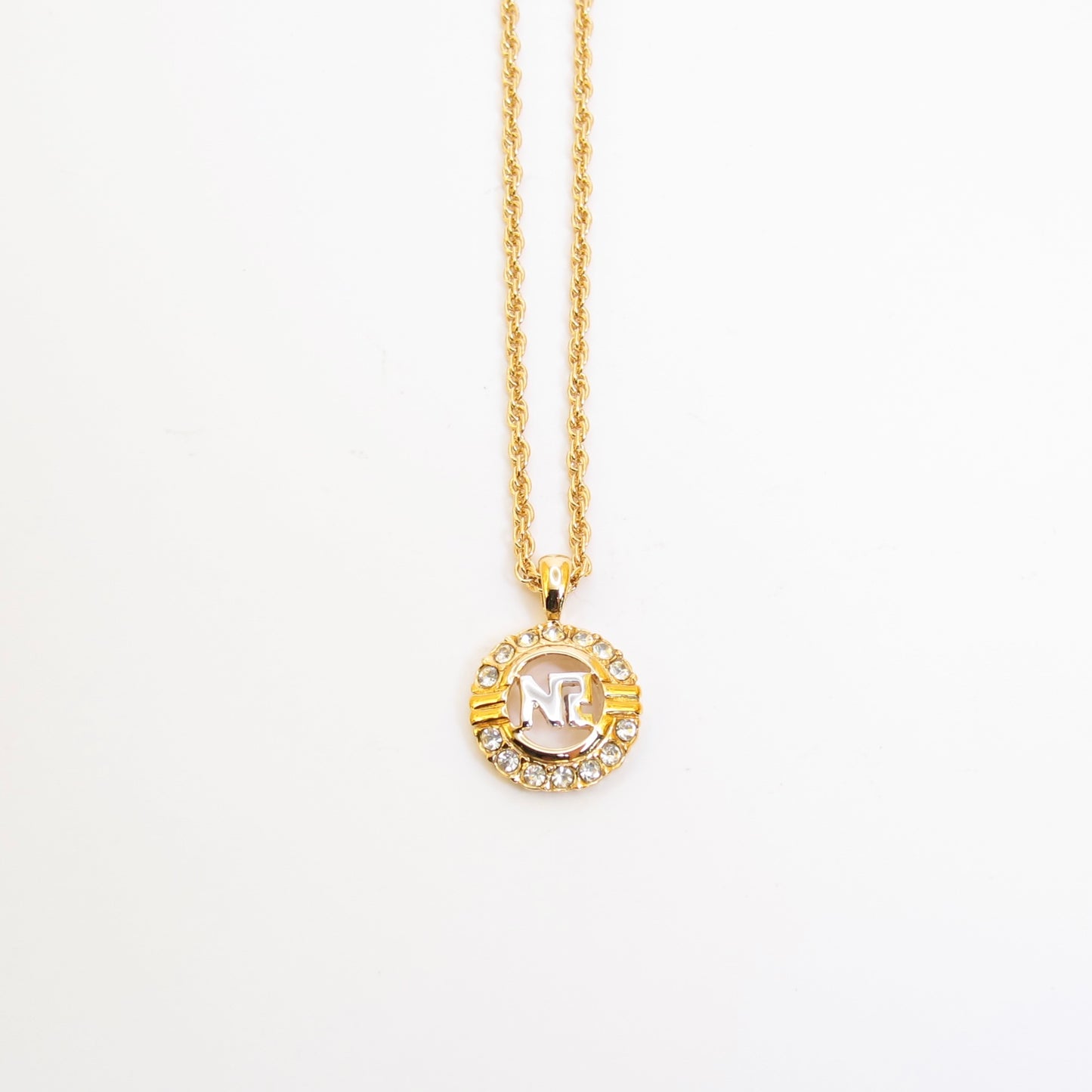 Nina Ricci Vintage NR Logo in Circle with Rhinestone Golden Necklace