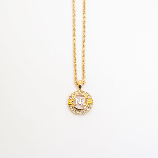 Nina Ricci Vintage NR Logo in Circle with Rhinestone Golden Necklace