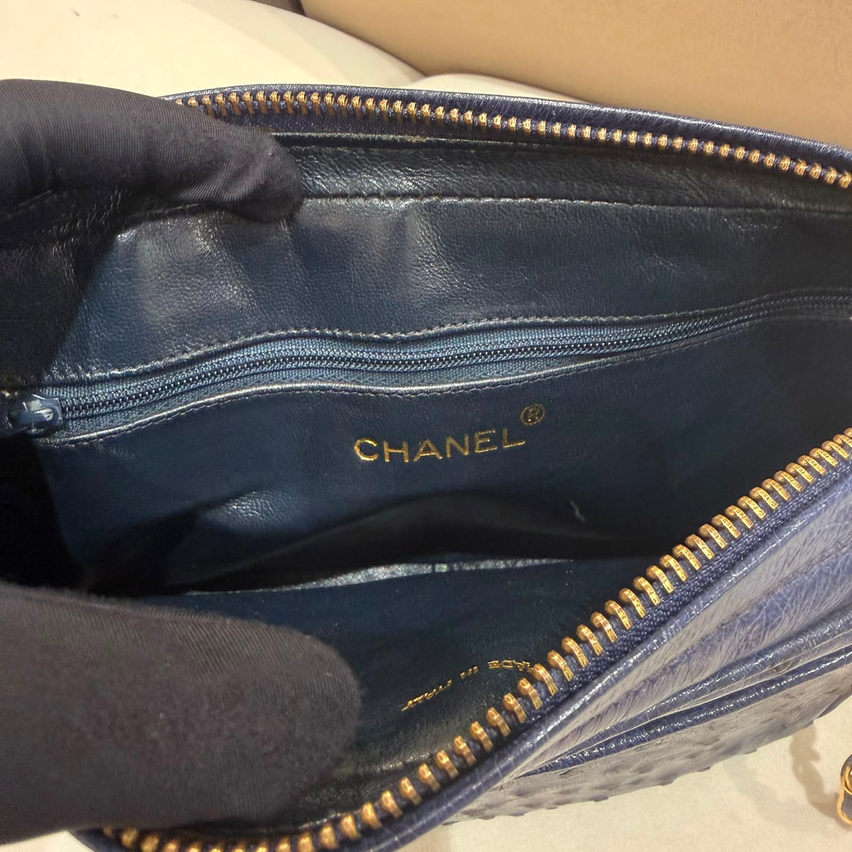Chanel Vintage Navy Ostrich Fringe Chain Shoulder Bag