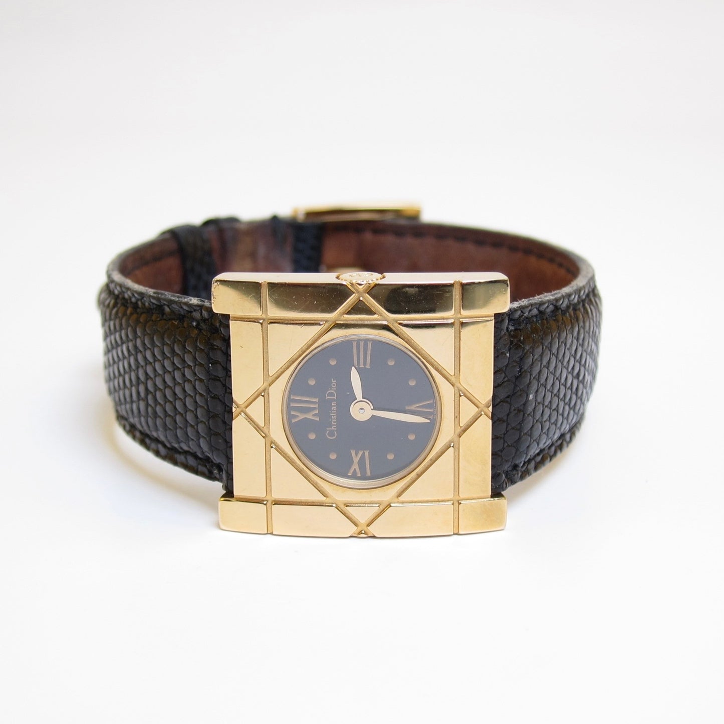 Christian Dior Vintage Cannage Square Black Face with Leather Strap Golden Watch