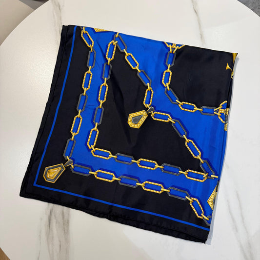 Cartier Vintage Chain Motif Silk Scarf Black Blue Gold 83 X 83 Cm