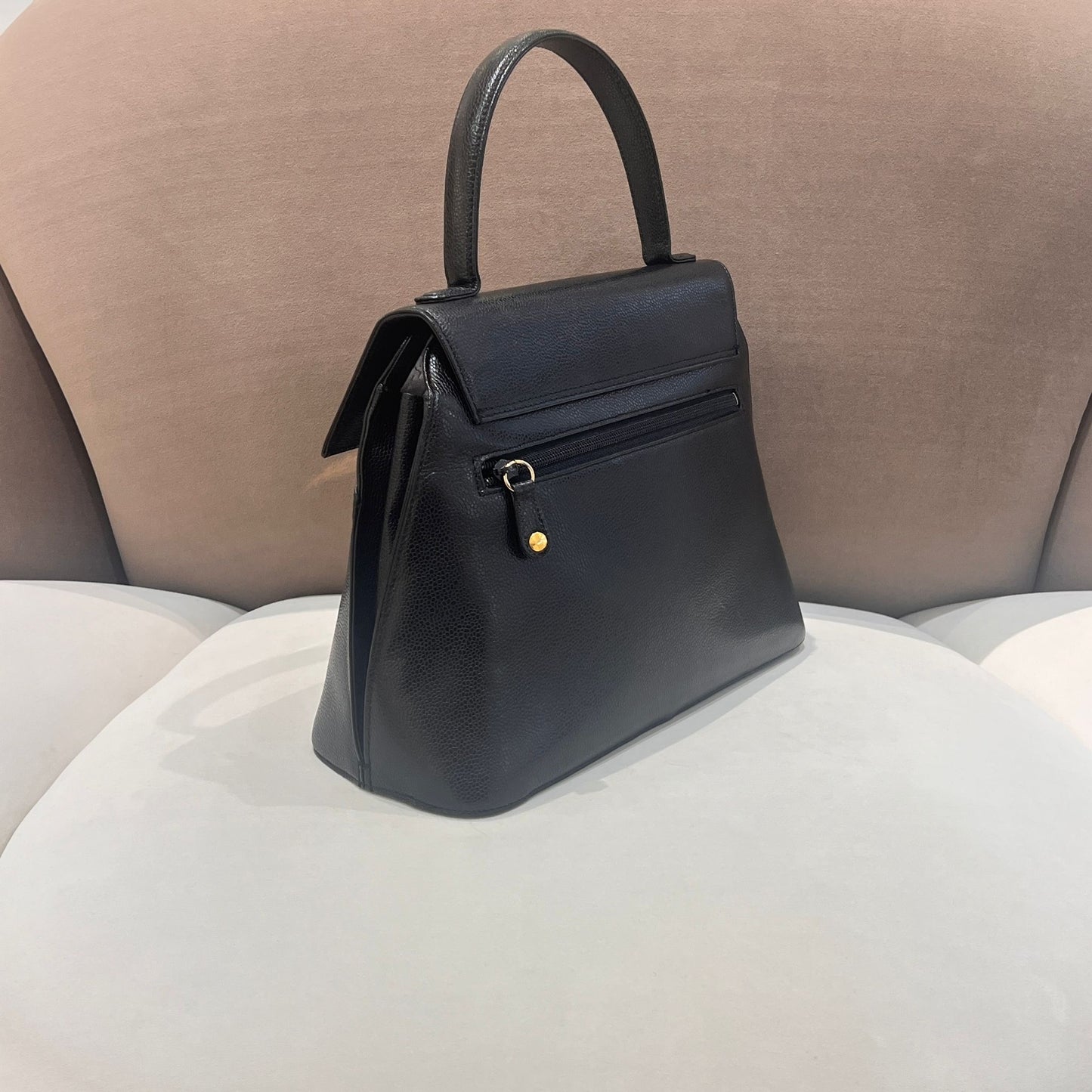 Givenchy Vintage Black Leather Gold Round Clasp Top Handle Handbag