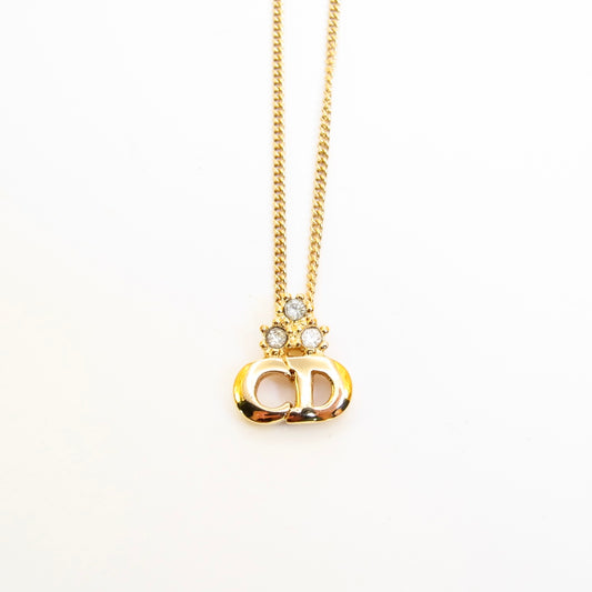 Christian Dior Vintage CD Logo and Rhinestone Golden  Necklace