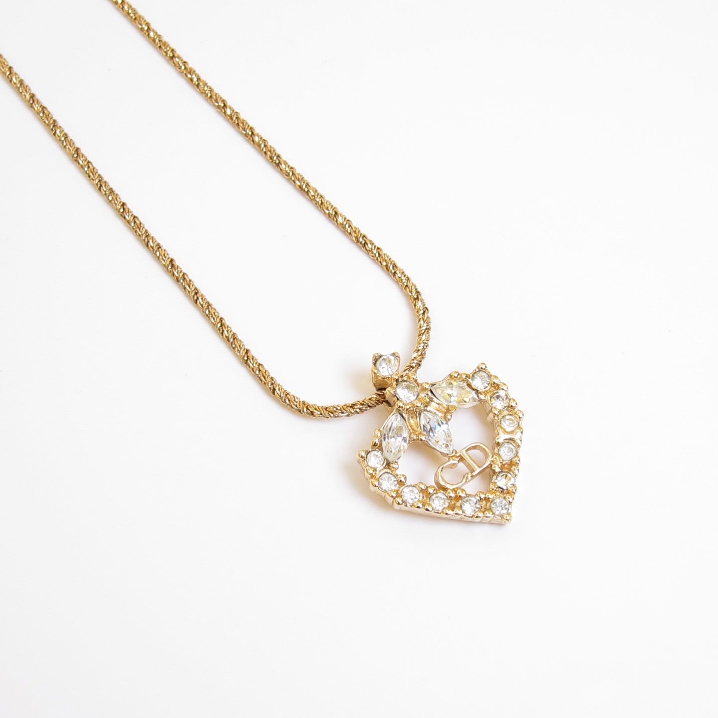 Christian Dior Vintage CD Logo in Heart with Rhinestone Golden Necklace