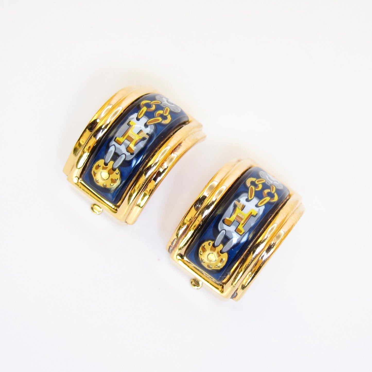 Hermes Vintage Blue Enamel H Pattern Golden Clip-on Earrings
