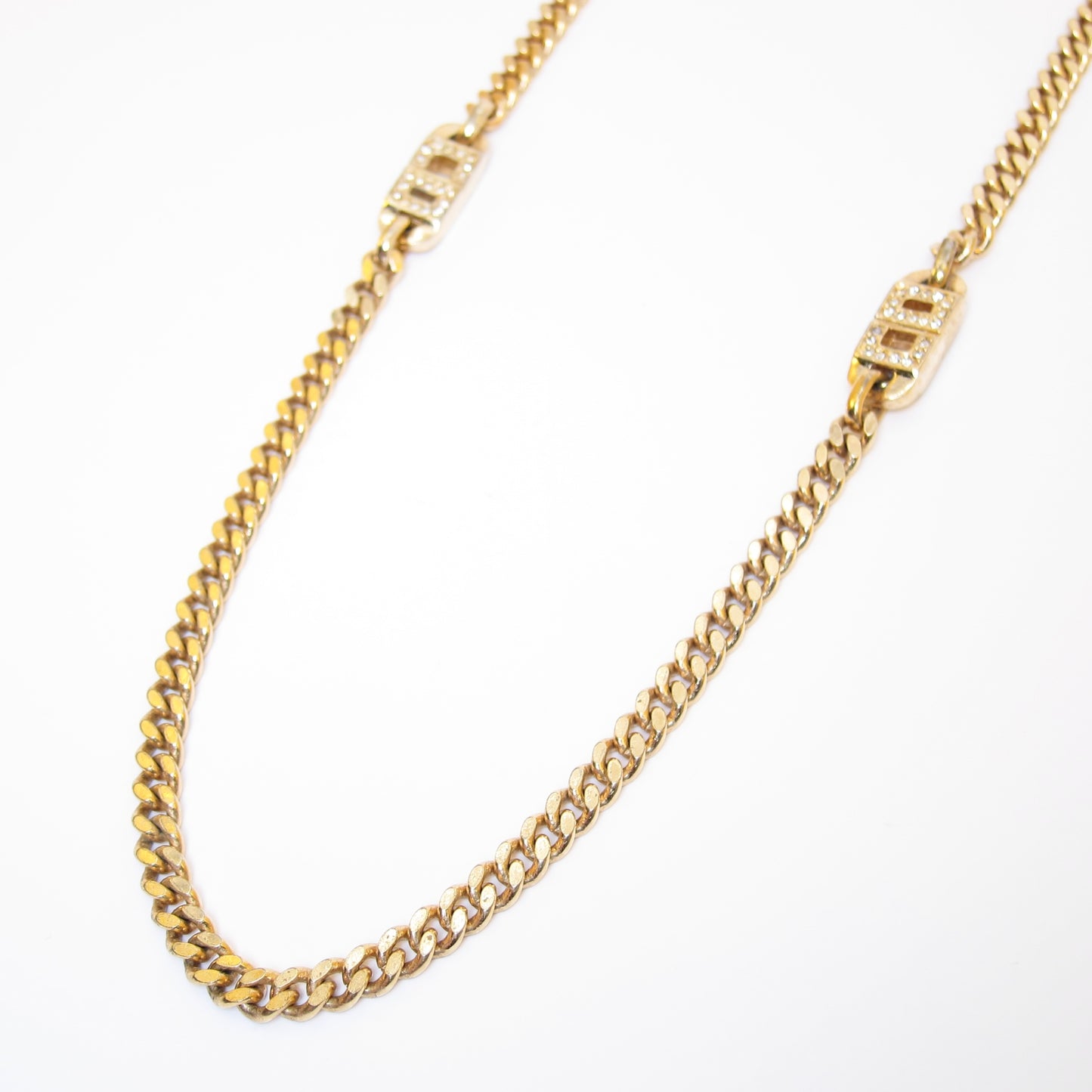Christian Dior Vintage CD Logo with Rhinestone Golden Long Necklace