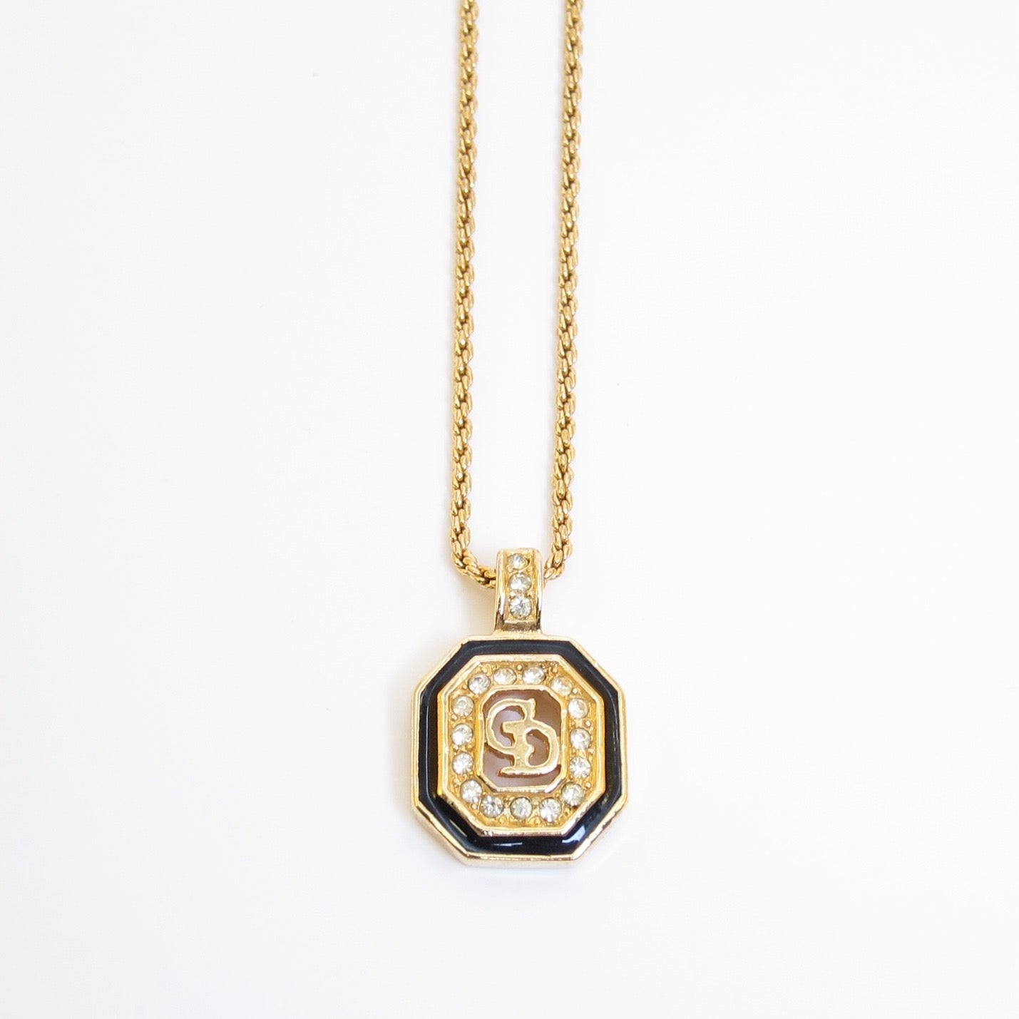 Christian Dior Vintage CD Logo in Octagon Black and Rhinestone Golden Necklace