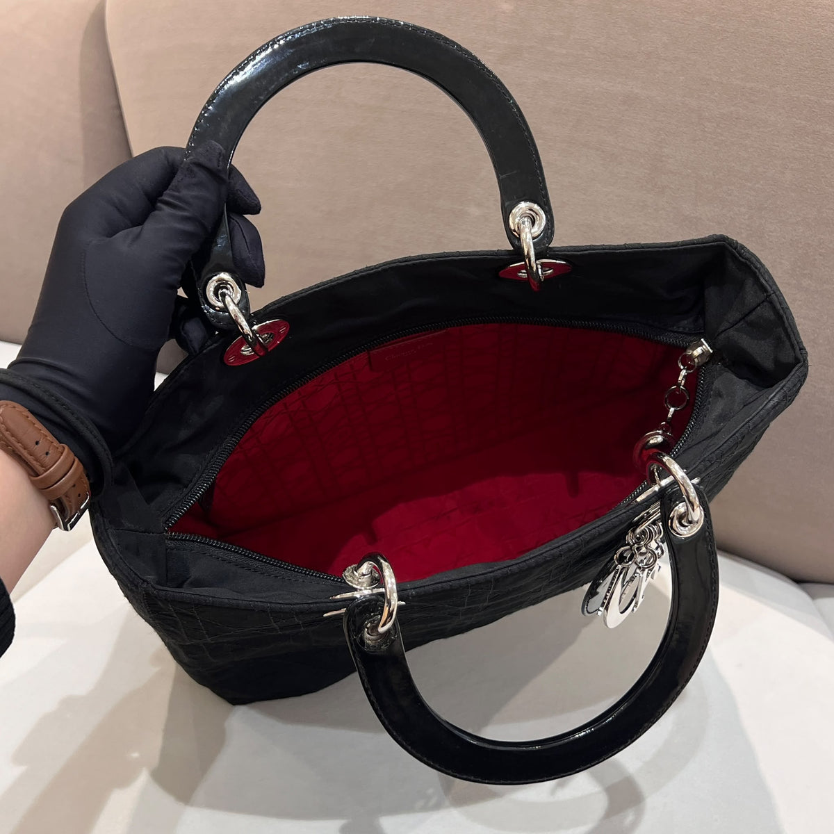 Christian Dior Vintage Black Cannage Nylon Lady Dior Handbag