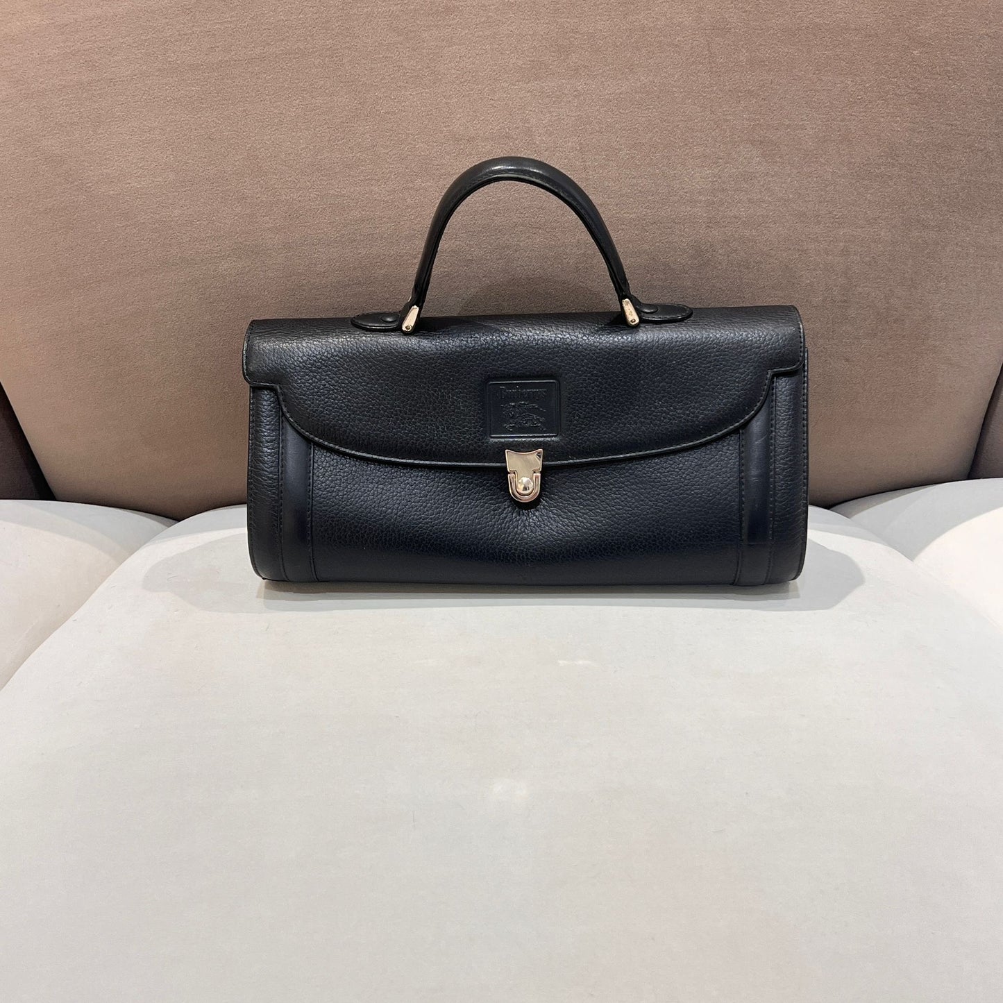 Burberry Vintage Black Grained Leather Cylindrical Top Handle Bag