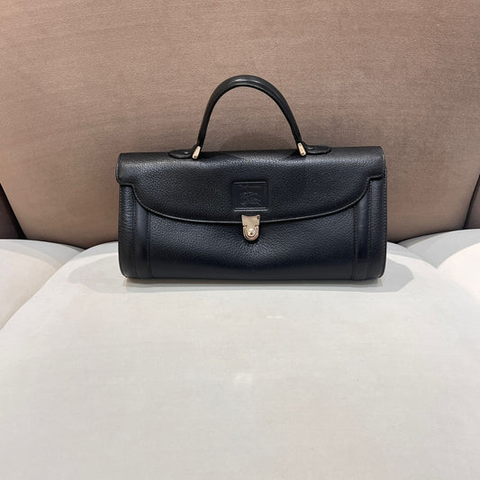 Burberry Vintage Black Grained Leather Cylindrical Top Handle Bag