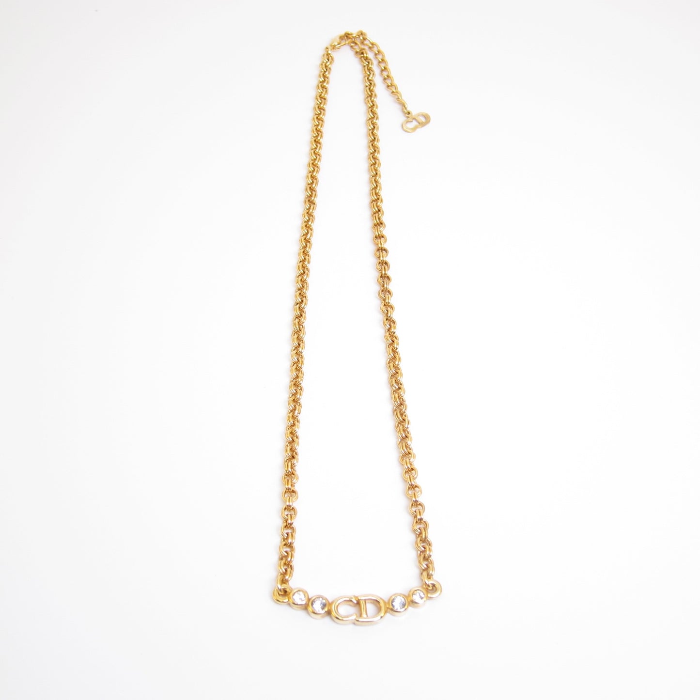 Christian Dior Vintage CD Logo and Rhinestone Golden Necklace