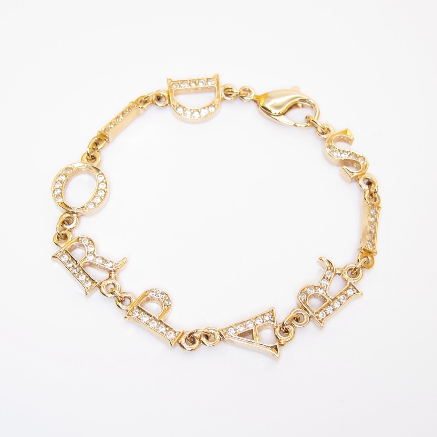 Christian Dior Vintage Dior Paris Letter Charm with Rhinestone Golden Bracelet