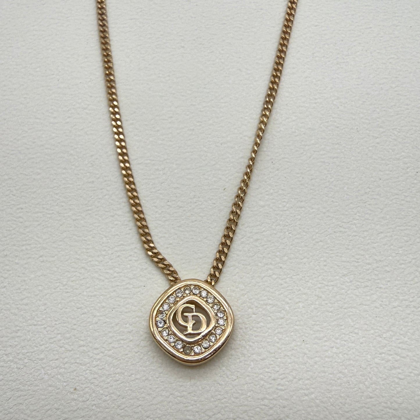 Christian Dior Vintage CD Logo in Rhombus with Rhinestone Golden Necklace