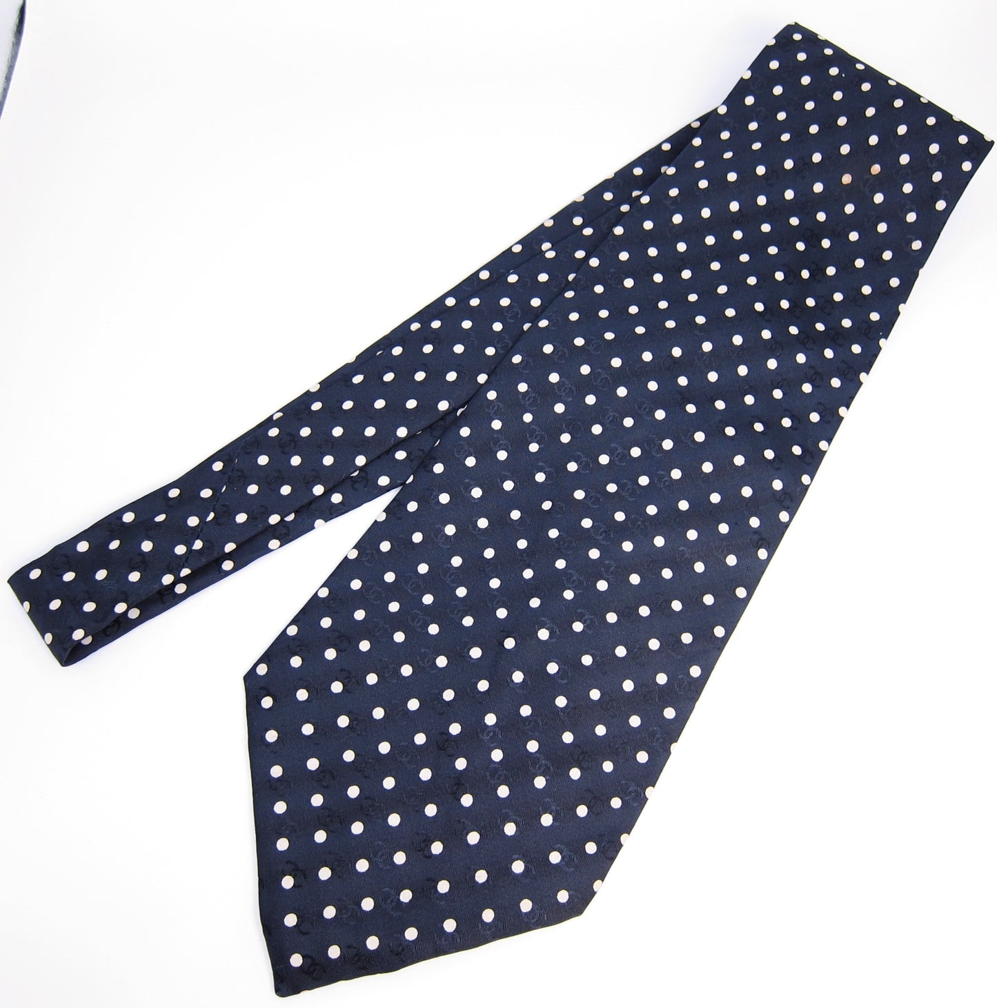 Chanel Vintage CC Logo and Polka Dot Navy Silk Tie
