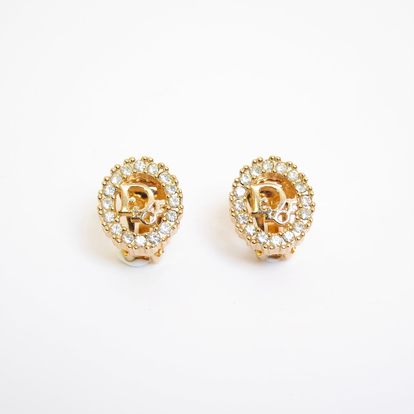 Christian Dior Vintage Dior Logo in Oval Shape with Rhinestone Golden Clip-on Earrings