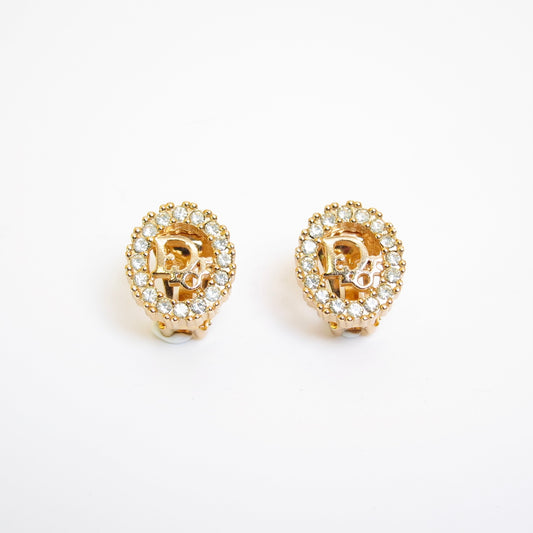 Christian Dior Vintage Dior Logo in Oval Shape with Rhinestone Golden Clip-on Earrings