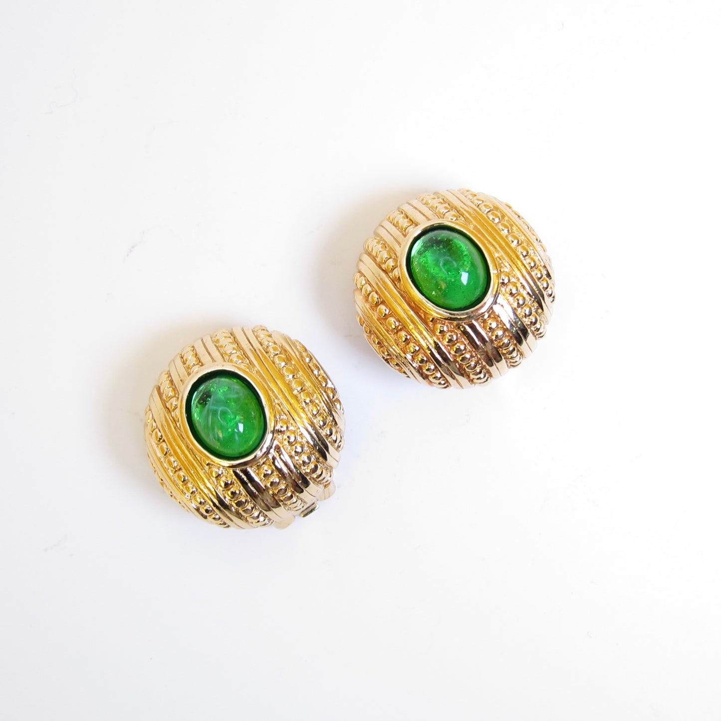 Christian Dior Vintage Green Color Stone Round Shaped Golden Clip-on Earrings