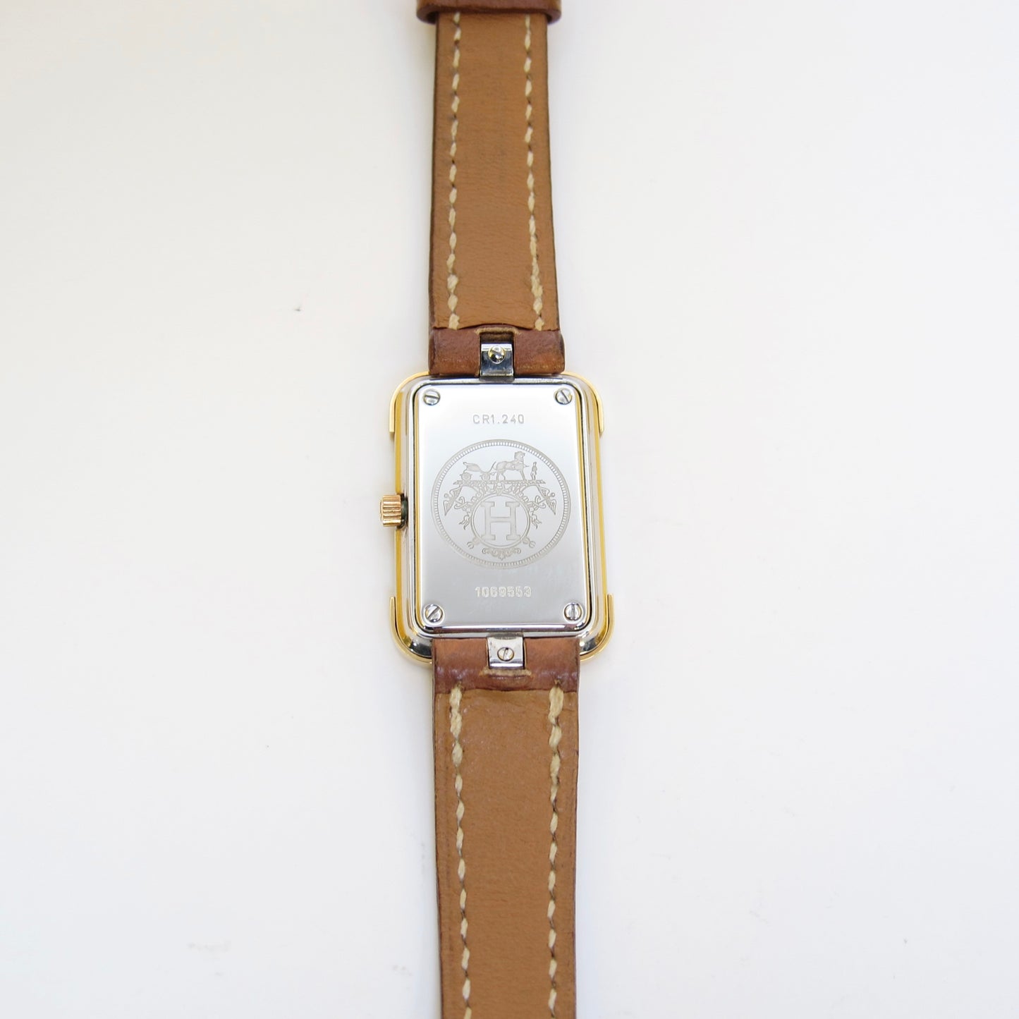 Hermes Vintage Croisière Rectangle White Face and Brown Leather Strap Watch