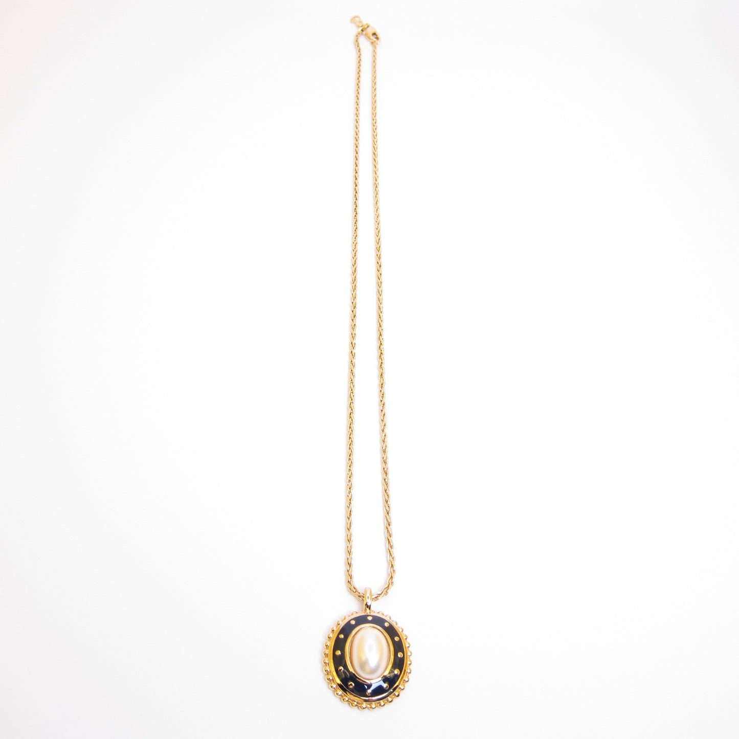 Burberry Vintage Oval Pearl and Navy Pendant Golden Necklace