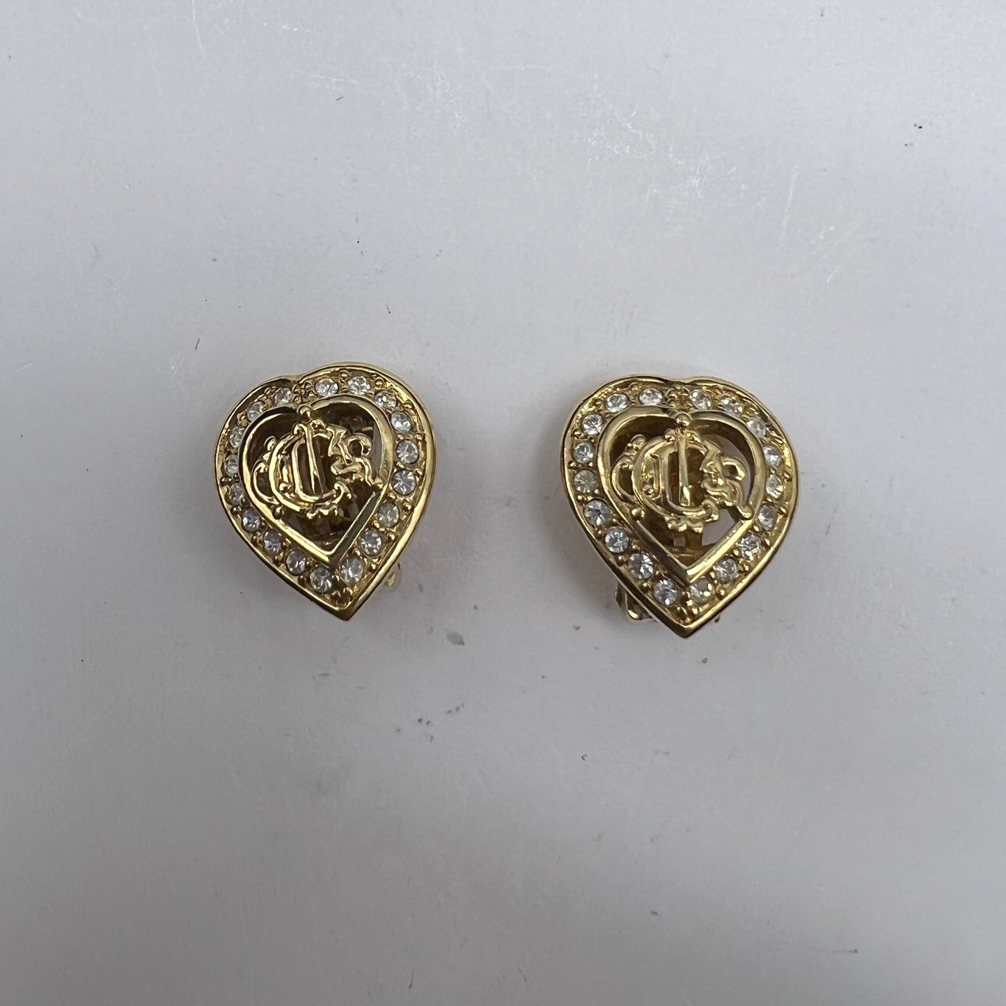 Christian Dior Vintage Emblem Logo with Rhinestone Heart Shape Clip-On Earring(S)