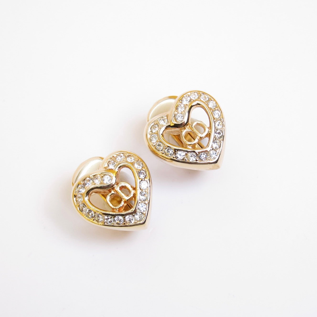 Christian Dior Vintage CD Logo in Heart with Rhinestone Golden Clip-on Earrings