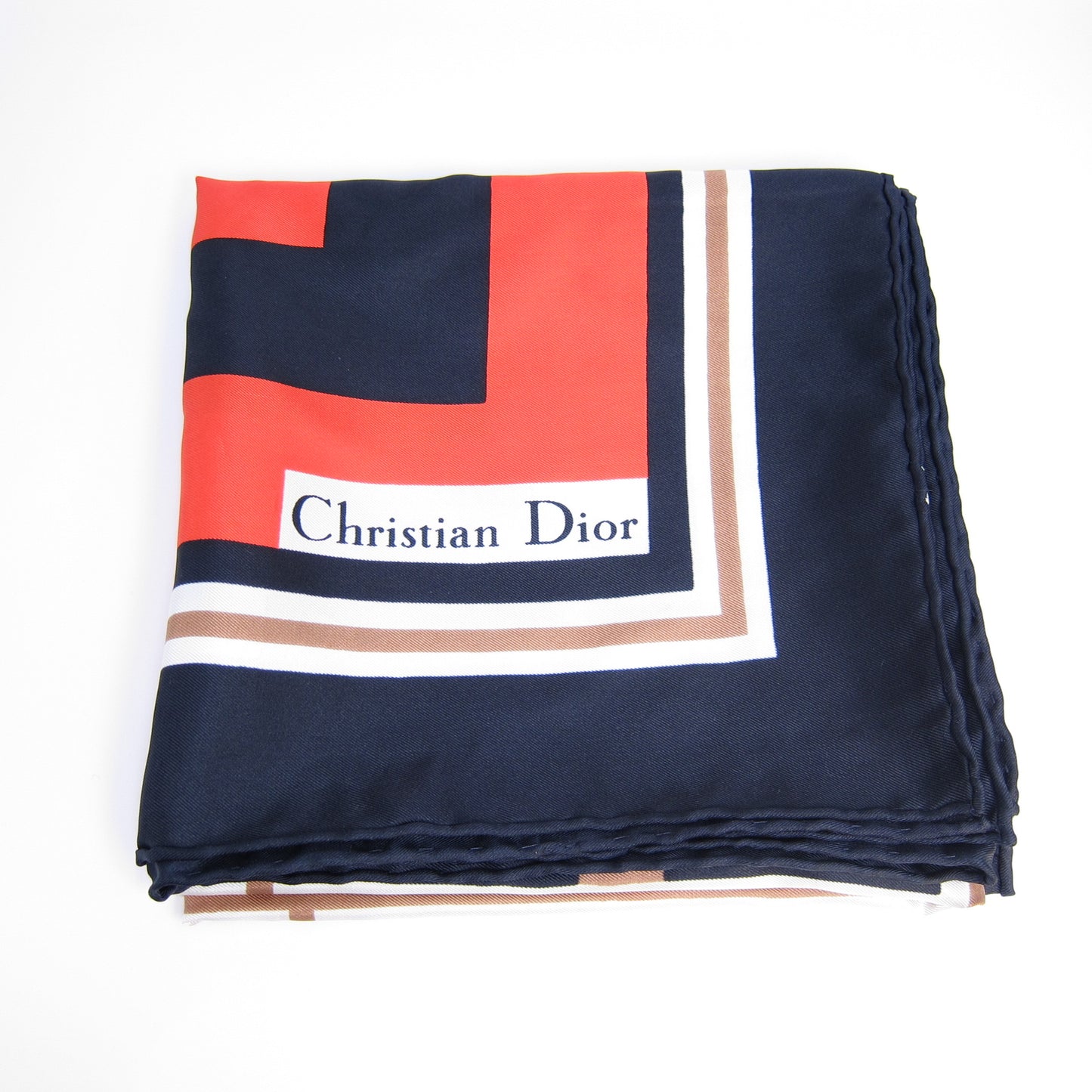 Christian Dior Vintage Navy and Red Geometric Striped Silk Square Scarf