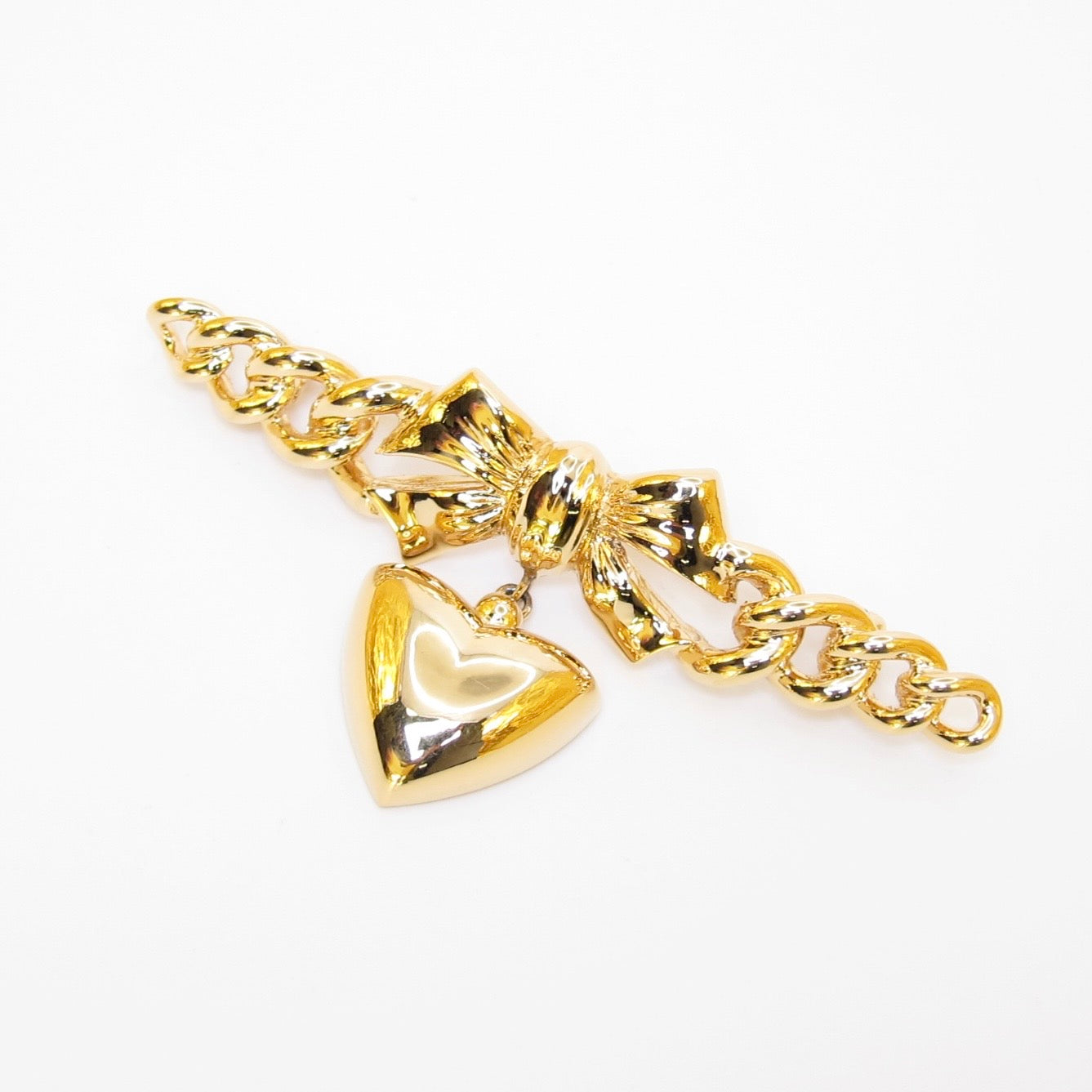 Nina Ricci Vintage Bow Link Chain with Dangle Heart Golden Brooch