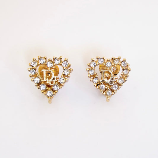 Christian Dior Vintage Dior Logo in Heart with Rhinestone Golden Clip-on Earrings