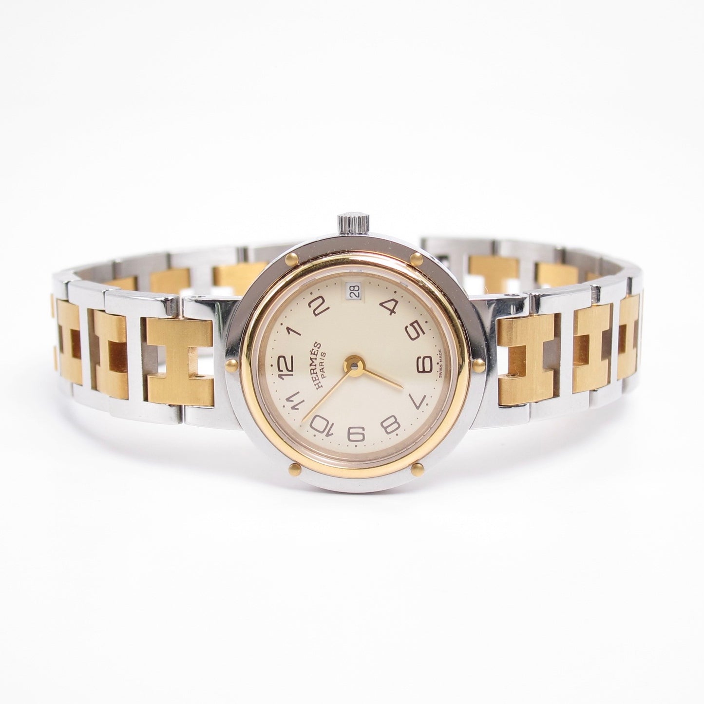 Hermes Vintage Clipper Ivory Dial with Date and H Bracelet Two Tone Watch