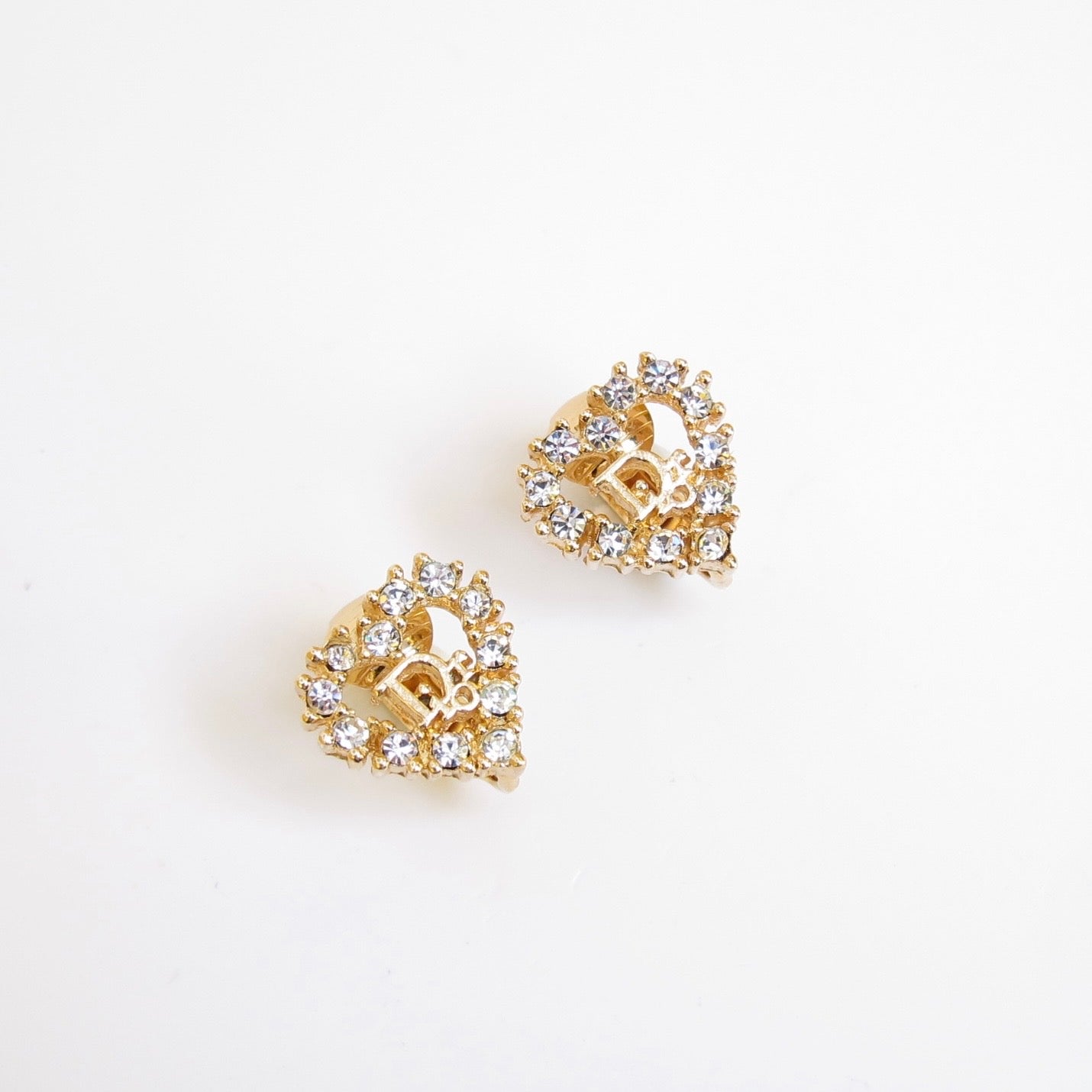 Christian Dior Vintage Dior Logo in Heart with Rhinestone Golden Clip-on Earrings