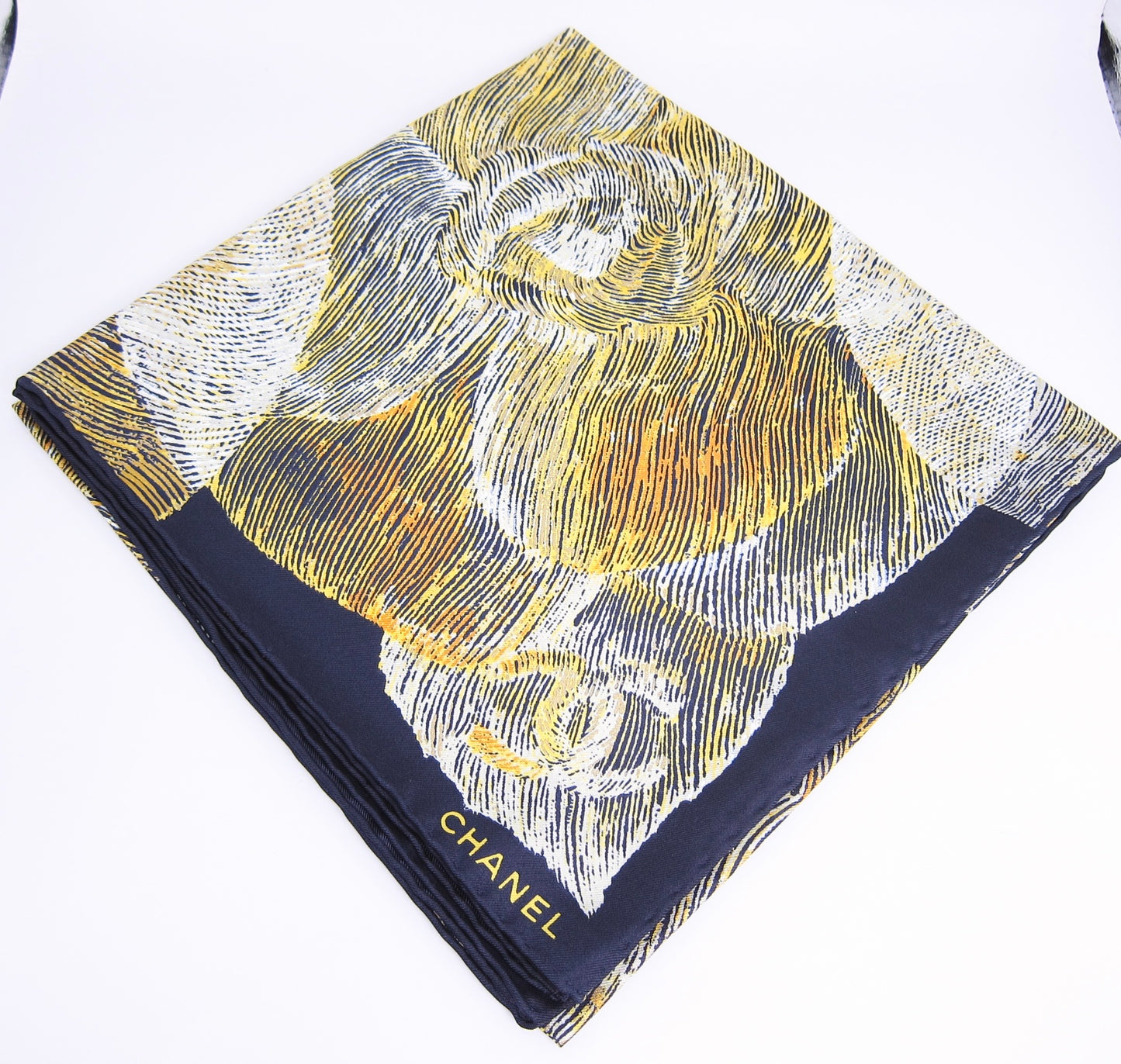 Chanel Vintage Camellia Moons Pattern Silk Scarf