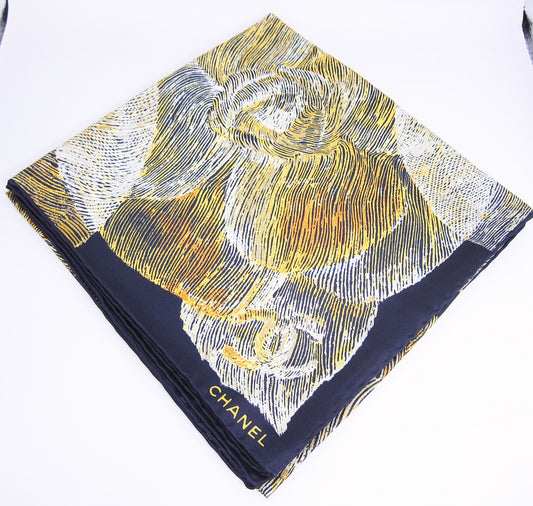 Chanel Vintage Camellia Moons Pattern Silk Scarf