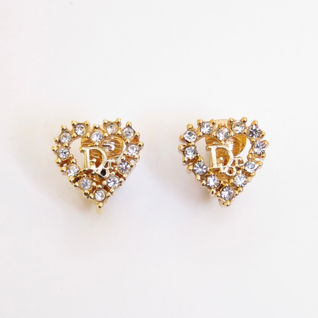 Christian Dior Vintage Dior Logo in Heart with Rhinestone Golden Clip-on Earrings