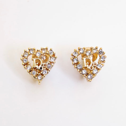 Christian Dior Vintage Dior Logo in Heart with Rhinestone Golden Clip-on Earrings