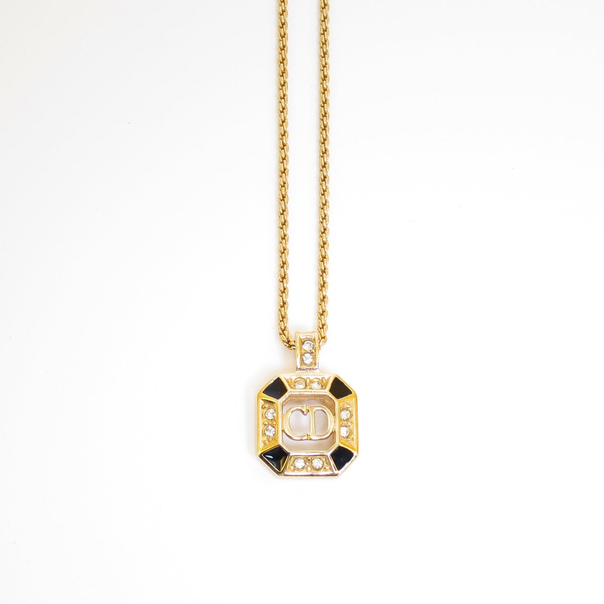 Christian Dior Vintage Octagon Black Enamel CD Logo Gold-Tone Necklace