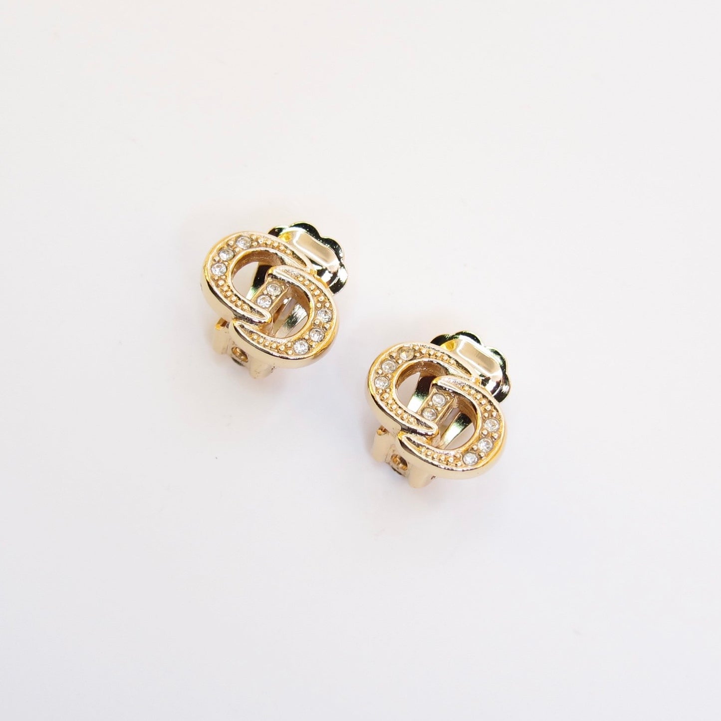 Christian Dior Vintage CD Logo with Rhinestone Golden Clip-on Earrings