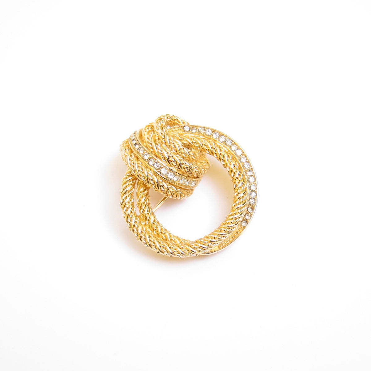 Christian Dior Vintage Twisted Rope Circle with Rhinestone Golden Brooch