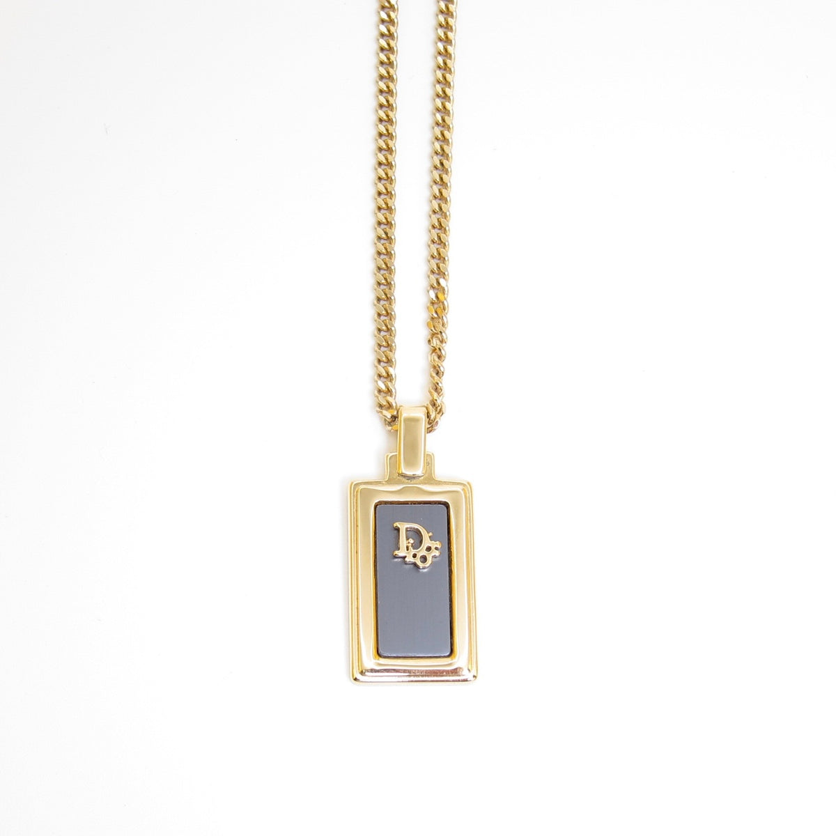 Christian Dior Vintage Black Enamel Oblong CD Logo Gold-Tone Necklace