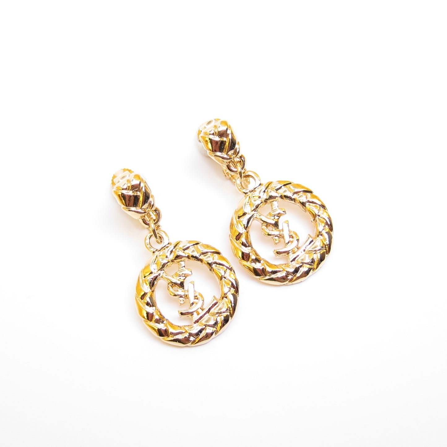 Yves Saint Laurent Vintage YSL Logo in Circle Dangle Golden Clip-on Earrings