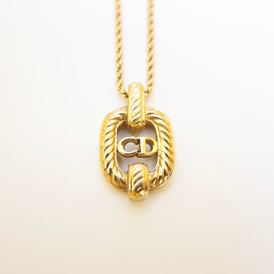 Christian Dior Vintage CD Logo in Twist Rectangle Pendant Golden Necklace