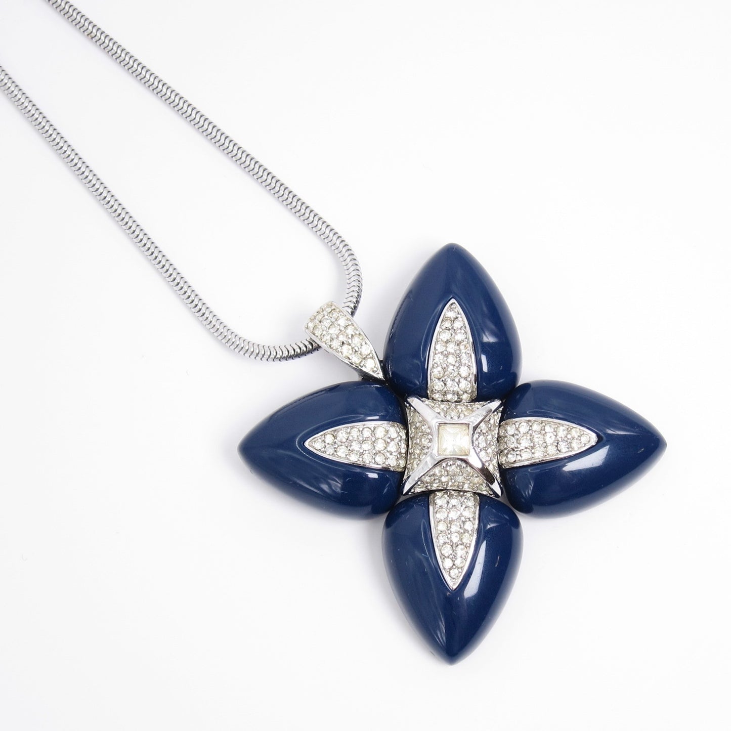 Givenchy Vintage Geometric Navy and Rhinestone Flower Pendant Silver Necklace