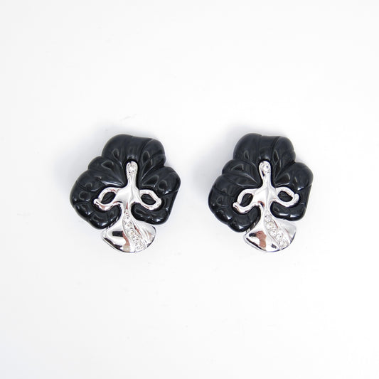 紀梵希復古時尚黑色鑲鑽銀色夾式耳環