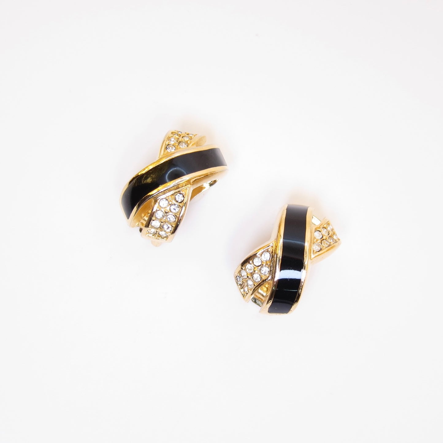 Christian Dior Vintage Black and Rhinestone Cross Golden Clip-on Earrings