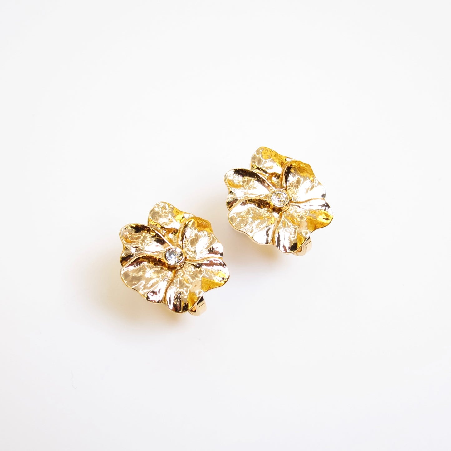 Yves Saint Laurent Vintage Flower Motif with Rhinestone Golden Clip-on Earrings