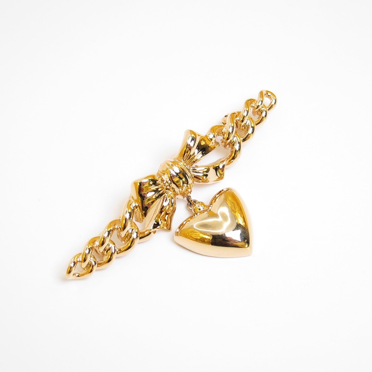 Nina Ricci Vintage Bow Link Chain with Dangle Heart Golden Brooch